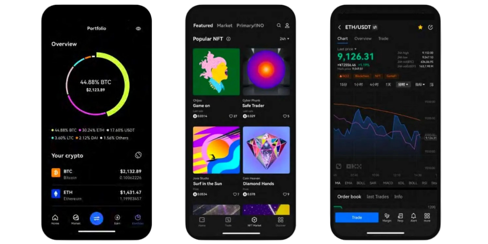 Three screenshots of the OKX app.